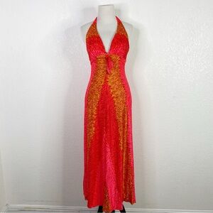 Vintage 1960s DeWeese Designs Red and Golden Yellow Print Maxi Dress